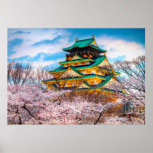 Japanse tuin pagode en Sakura in Osaka, Japan Poster
