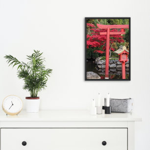 Japanse tuinstructuren en rode esdoornbladeren foto afdruk