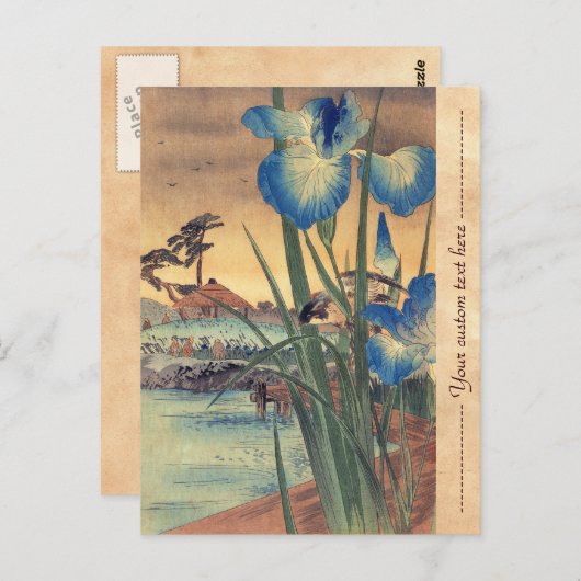 Japanse ukio-e-blauwe iris en vogelscène briefkaart (Voorkant / Achterkant)