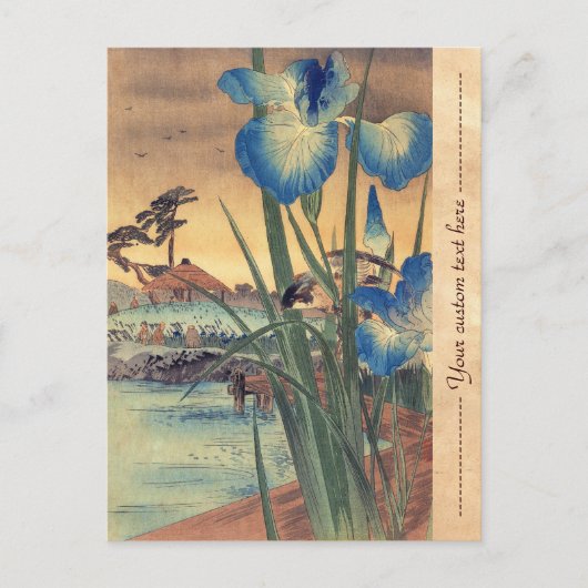 Japanse ukio-e-blauwe iris en vogelscène briefkaart (Voorkant)
