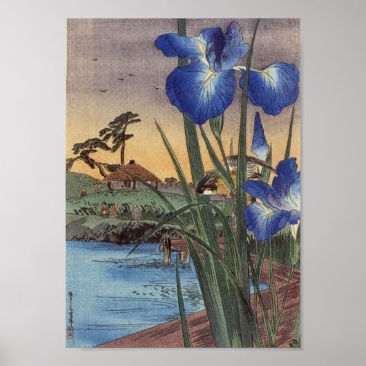 Japanse ukio-e-blauwe iris en vogelscène poster (Voorkant)