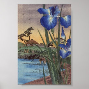 Japanse ukio-e-blauwe iris en vogelscène poster