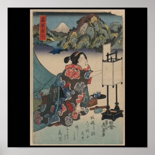 Japanse Ukiyo-e Lady Mountain Scene Poster