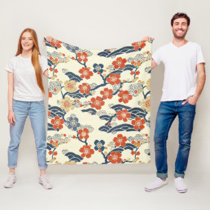 Japanse Ume pruimenbloesems Navy Wave Crème Fleece Deken