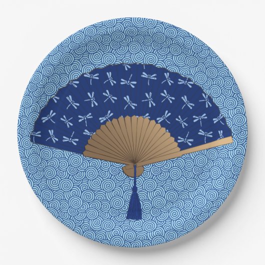 Japanse ventilator, Dragonfly Pattern, kobalt Blue Papieren Bordje (Voorkant)