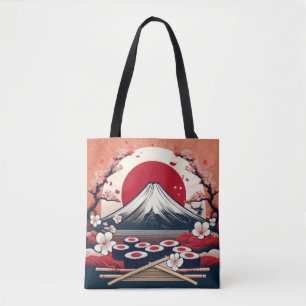 Japanse vlag met Sushi en Mount Fuji kunstwerken Draagtas