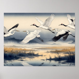 Japanse Vliegende Reigers Houtblok Kunst Poster