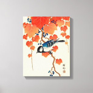  Japanse vogel en herfst Grapevine Canvas Afdruk
