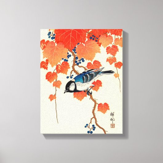 Japanse vogel en herfst Grapevine Canvas Afdruk (Voorkant)