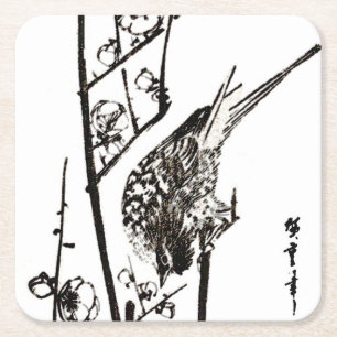 Japanse vogel op een filiaal - zwart en wit vierkante kartonnen onderzetter