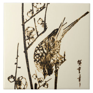 Japanse vogel op een tak - Bruin en Beige Tegeltje