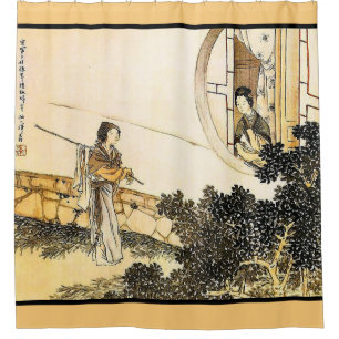 Japanse vrouw bij een raam sepia kunst douchegordijn