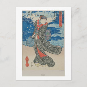 Japanse vrouw door het zee (kleurenhoutblokafdruk) briefkaart