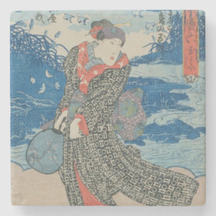 Japanse vrouw door het zee (kleurenhoutblokafdruk) stenen onderzetter