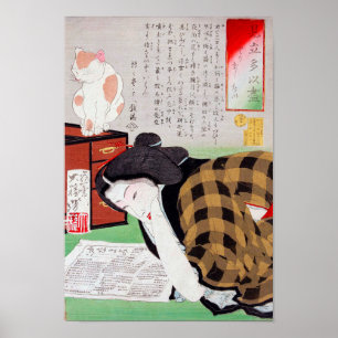 Japanse vrouw met Cat, Tsukioka Yoshitoshi Poster