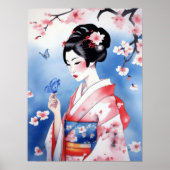 Japanse vrouw met een blauwe vlinder poster (Voorkant)