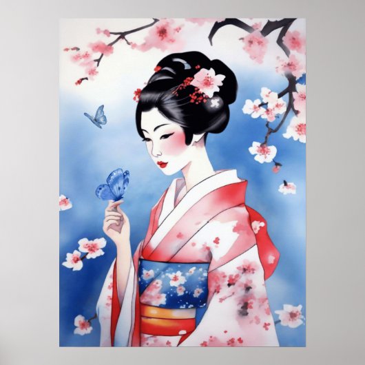 Japanse vrouw met een blauwe vlinder poster (Voorkant)