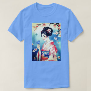 Japanse vrouw met een blauwe vlinder t-shirt