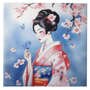 Japanse vrouw met een blauwe vlinder tegeltje
