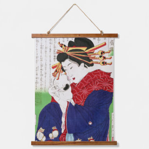 Japanse vrouw met een kat, Tsukioka Yoshitoshi Hangend Wandkleed