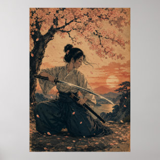 Japanse vrouw rode zon portret poster