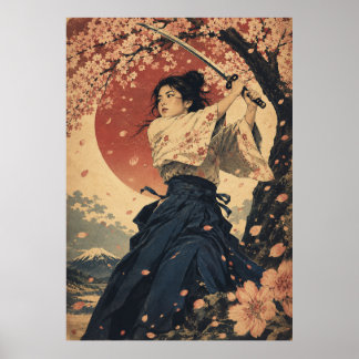Japanse vrouw rode zon portret poster