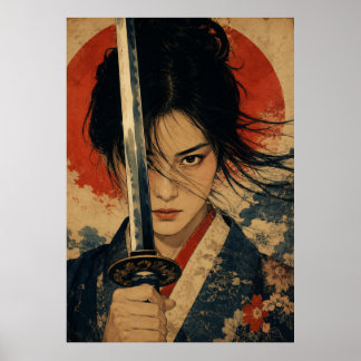 Japanse vrouw rode zon portret poster