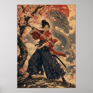 Japanse vrouw rode zon portretposter poster