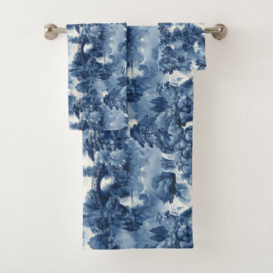 Japanse watertuin in een blauw wit porselein bad handdoek