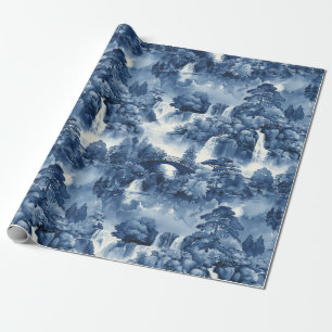 Japanse watertuin in een blauw wit porselein cadeaupapier