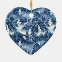 Japanse watertuin in een blauw wit porselein