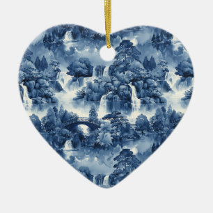 Japanse watertuin in een blauw wit porselein keramisch ornament