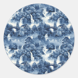 Japanse watertuin in een blauw wit porselein ronde sticker