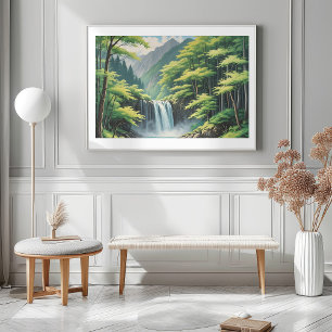 Japanse waterval in Natuur - Serene olieverfschild Poster