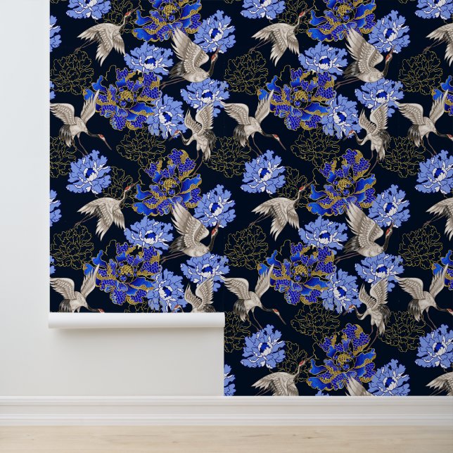 Japanse witte kranen blauw goud chrysant behang (Applicatie)