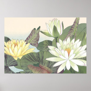 Japanse Woodblock White Lotus Flower Poster