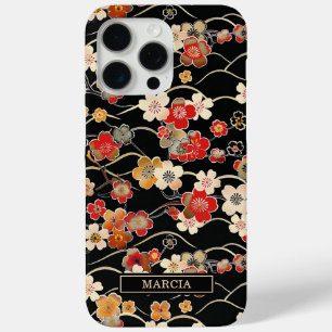 Japanse Zwarte Bloempatroon met Monogram iPhone 15 Pro Max Hoesje