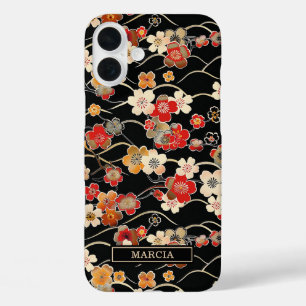 Japanse Zwarte Bloempatroon met Monogram iPhone 16 Plus Hoesje