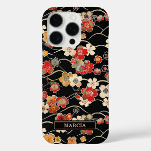 Japanse Zwarte Bloempatroon met Monogram iPhone 16 Pro Hoesje