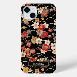 Japanse Zwarte Bloempatroon met Monogram iPhone 15 Mini Hoesje