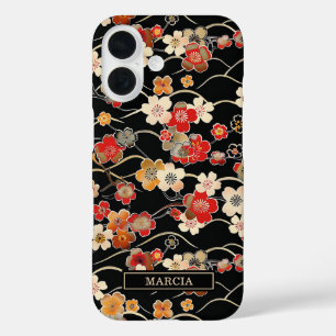 Japanse Zwarte Bloempatroon met Monogram iPhone 16 Hoesje