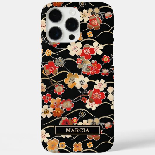 Japanse Zwarte Bloempatroon met Monogram Case-Mate iPhone Case (Achterkant)