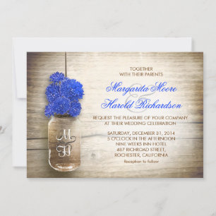 Jar Mason et fleurs bleues royales invitations aux