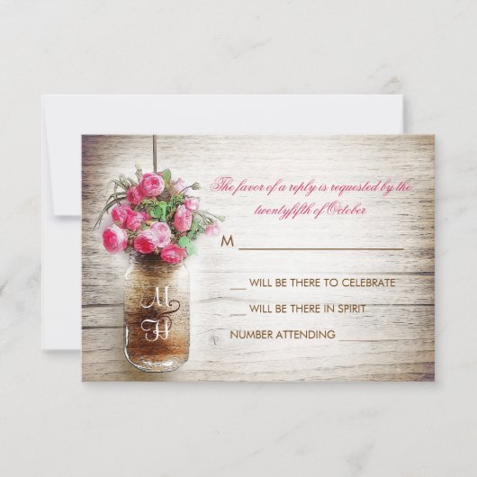Jar Mason et fleurs roses mariage carte RSVP (Devant)