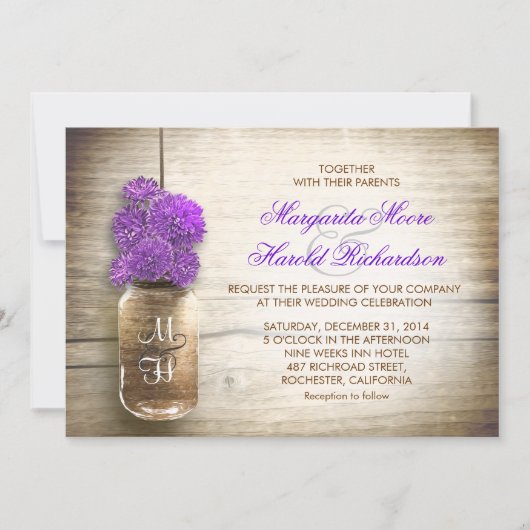 Jar Mason et fleurs violettes invitations mariage (Devant)