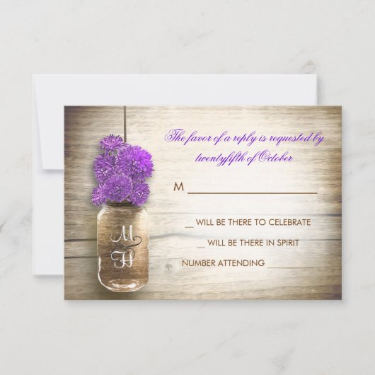 Jar Mason et fleurs violettes mariage RSVP carte (Devant)