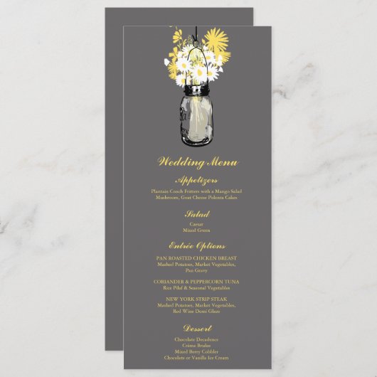 Jar Mason gris, blanc et jaune | Menu de mariage (Devant / Derrière)
