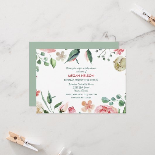Jardin Aquarelle Florale Baby shower Invitation (Devant/Arrière en situation)