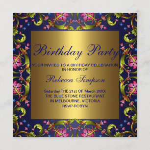 Jardin aux fleurs bleu et or Invitation d'annivers