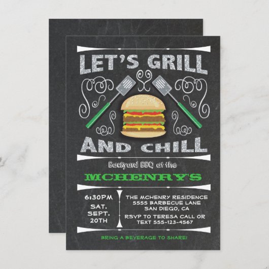 Jardin Chalkboard Barbecue BBQ invitations à la fê (Devant / Derrière)